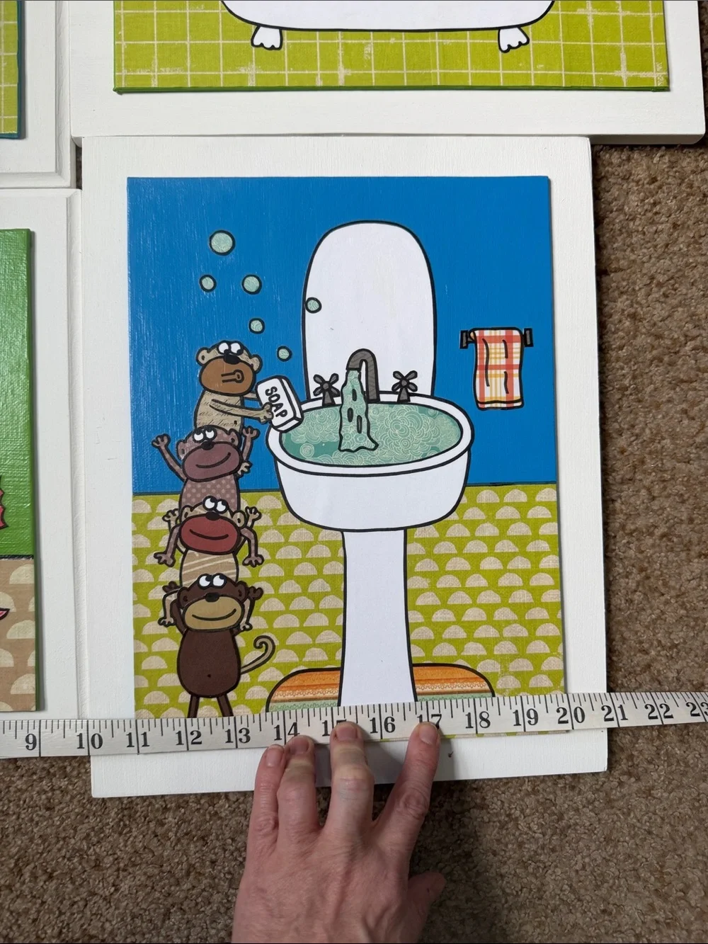 Handmade kids bathroom wall art / wall decor on wood background.  Price for all.